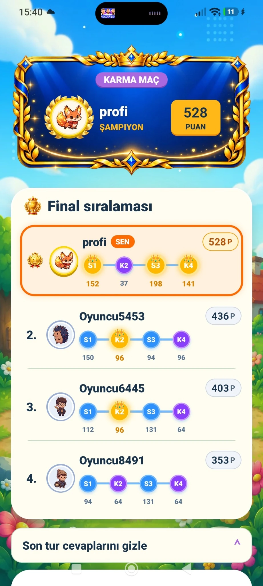 Dört oyunculu final sıralaması ekranı