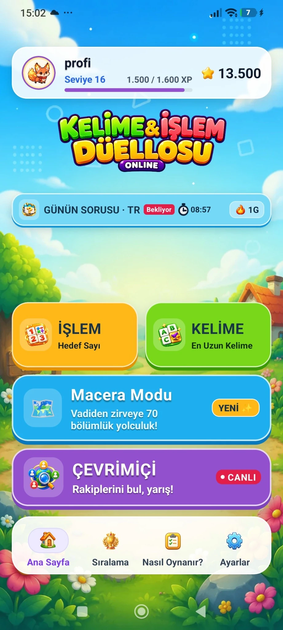 Oyunun ana menüsü